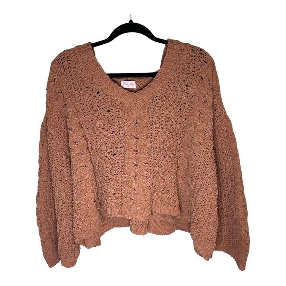 Pink Lily Womens Hooded Crop Sweater Blush Pink Cable Knit V-Neck Pullover Med